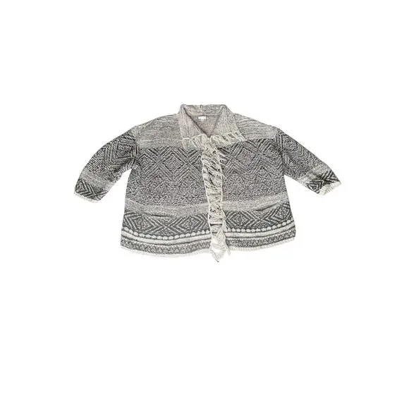 J.Jill size 3X cardigan, black/gray/cream pockets 3/4 Boho fringe open front - Picture 2 of 8
